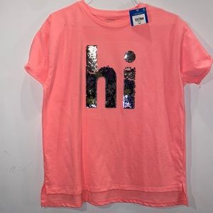 Brand new, tags on, never worn reversible sequences, “hi” coral T-shirt
